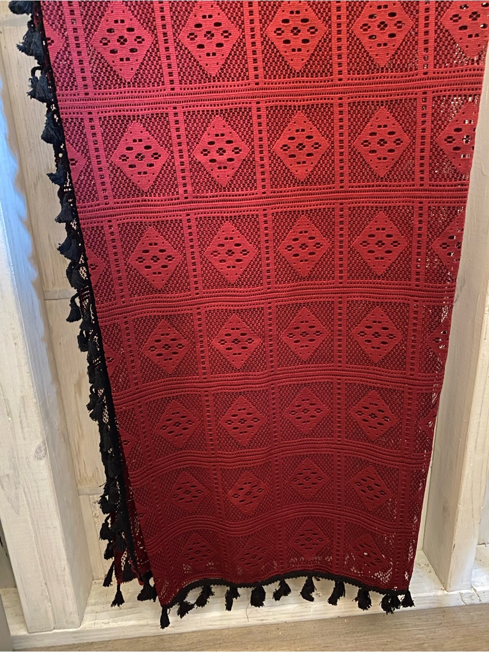 Dark Red Crochet Lace Rectangle Tablecloth with Black Tassel Trim 62” x 72”